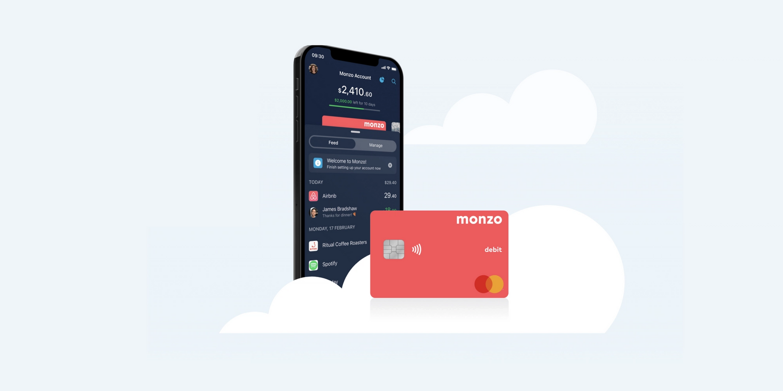 Illustration of Monzo card & mobile app floating in clouds