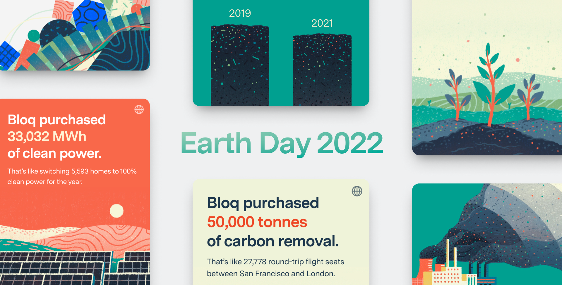 Hero illustration of “Earth Day 2022” in green with an array of cards of climate-related illustrations