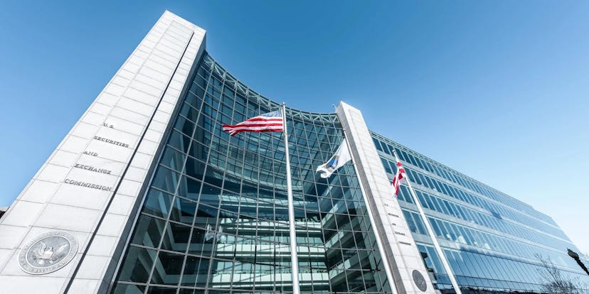 Wide-angle photograph of the glass headquarters of the SEC in Washington